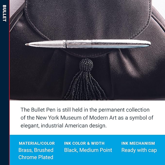 Fisher Space Pen Bullet Space Pen, Brushed Chrome Pressurized Ballpoint Pen, Compact Size, Writes Upside Down and in Extreme Temperatures, Smooth Black Ink, Medium Point, Gift Box, Made in the USA