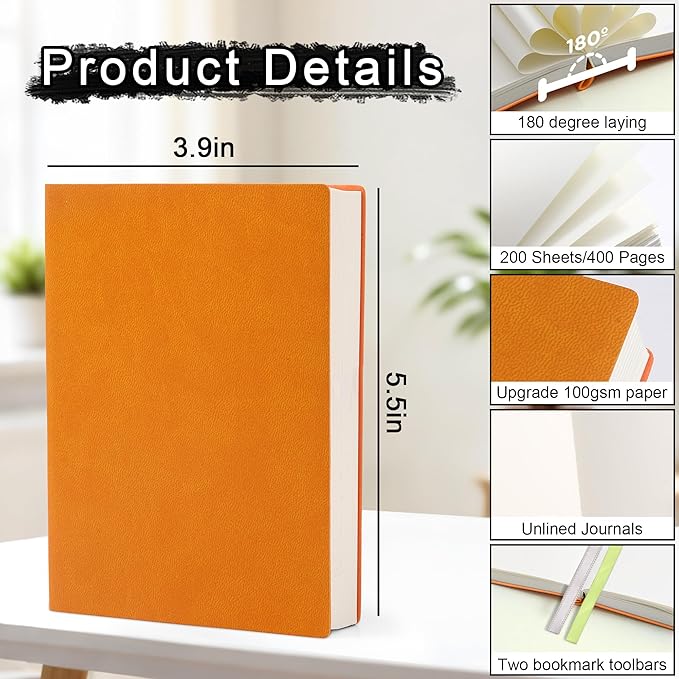 DreamDove Thick Blank Journal Notebook 400Pages Hardcover Sketch Book Notebook Blank Journal Unlined No Lines Soft Leather Cover A6 (3.9 × 5.5) Journal Leather Notepad Drawing Book Memo Writing Sketch Pad Diary Notebook (Orange-400 Page)