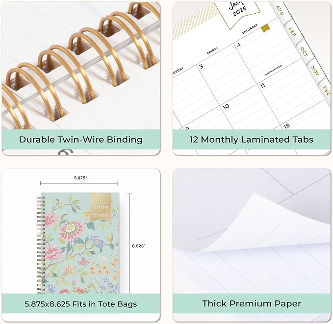 Blue Sky Day Designer 2026-2027 Weekly and Monthly Academic Year Planner Calendar, July 2026 - June 2027, 5.875" x 8.625", Flexible Cover, Laminated Tabs, Storage Pocket, Includes Stickers and 30 Extra Sheets of Notes, Climbing Floral Mint