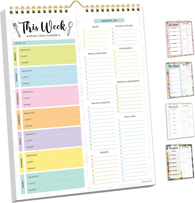Decorably 52 Sheets Pastel Undated Magnetic Weekly Meal Planner and Grocery List Notepad with 4 Strong Magnets - 8.5x11in Spring-Bound, Refrigerator Mountable, Easy Tear-Off Design