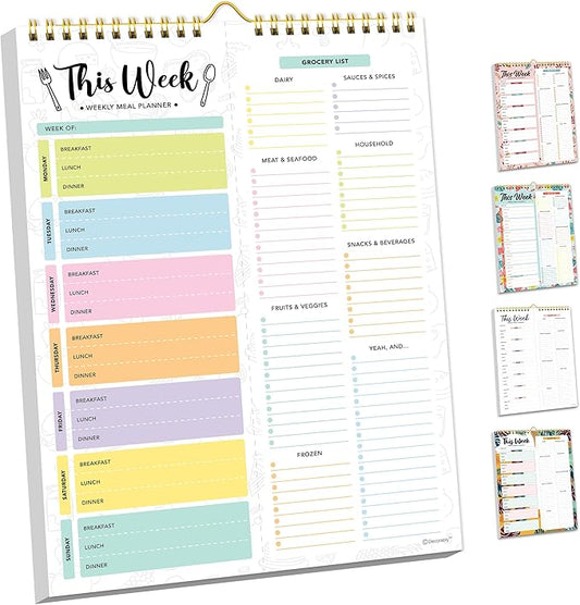Decorably 52 Sheets Pastel Undated Magnetic Weekly Meal Planner and Grocery List Notepad with 4 Strong Magnets - 8.5x11in Spring-Bound, Refrigerator Mountable, Easy Tear-Off Design