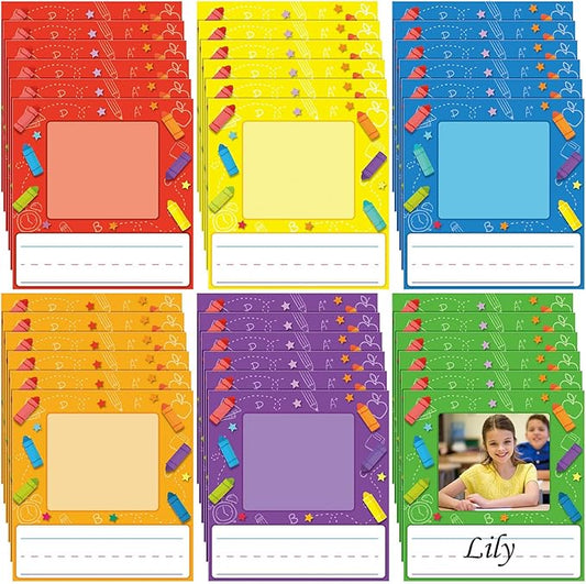 36 Pcs Kids Photo Nameplates for Desk Kids Name Tags Labels Stickers with Photo Space Self-Adhesive Labels Bulletin Board Colorful Classroom Decoration for Desk Bins Cubbies Office (Crayon)