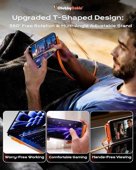 chubbycable StandLite 240W Braided Fast Charge Cable with Built-in Phone Stand T-Shaped Foldable Durable USB-C Cord 90 Degree USB C Cable Right Angle Multi-Functional Charger Cord, Orange, 4.9FT