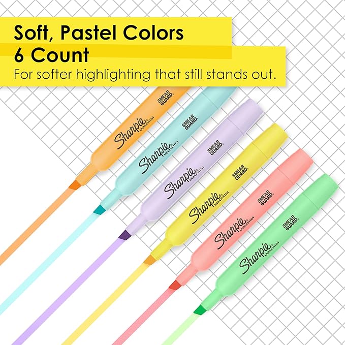 Sharpie® Tank-Style Highlighters, Chisel Tip, Mild Pastel Barrels, Mild Pastel Inks, Pack Of 6 Highlighters