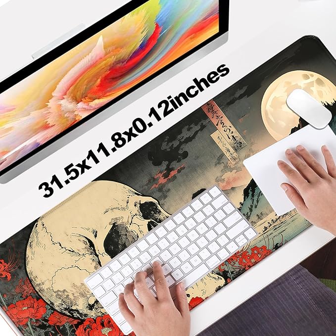 Japanese Retro Skull and Floral XL Large Desk Mat, Extended Long Desk Pad for Gaming and Office, Non-Slip Rubber Base, Comfortable Surface Mouse Pad, 31.5x11.8 in (H11)