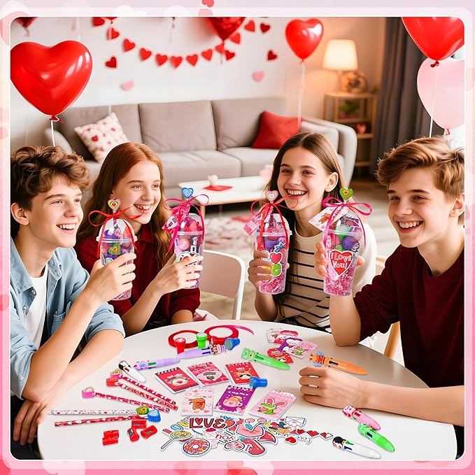 LiYiQ 247 Pcs Valentine's Gifts for Classroom Valentine's Day Return Gifts, Stationery Gifts from Teacher, Pencil Erasers Notebooks Stickers Stamps Goodie Bags Rewards Prizes