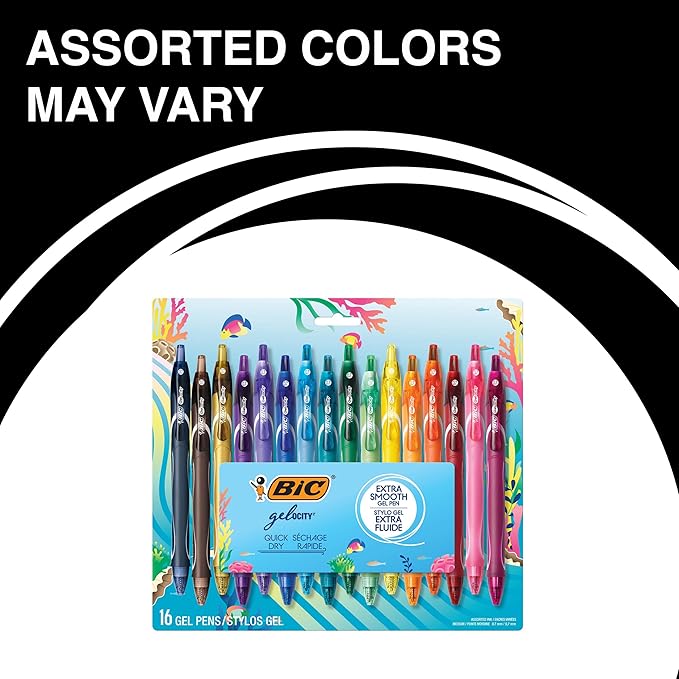 BIC Gelocity Quick Dry Ocean Themed Gel Pen Set with Fast-Drying Ink and Retractable Design, 16-Count in Assorted Ink, (Pack of 2)
