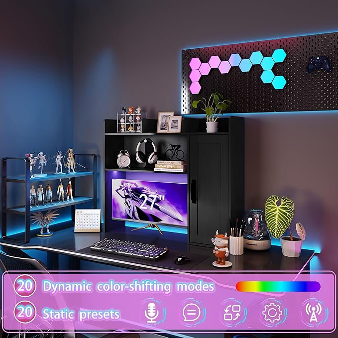 Desktop Bookshelf, Wooden Desk Hutch with LED Lights, Desktop Shelf with 6 Shelves and Power Outlets, Office Desk Organizer, Over Desk Storage Shelves for Dorm, Home, Black