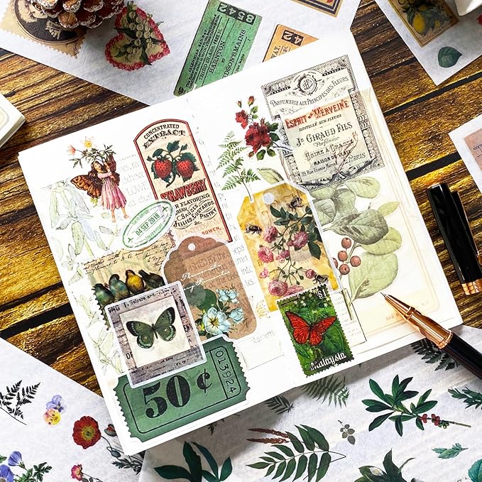 Vintage Washi Stickers for Scrapbooking, Aesthetic Sticker Book for Journaling with 30 Sheets Scrapbook Stickers and 20 Sheets Scrapbook Papers for Bullet Junk Journals Set for Adults with Tweezers