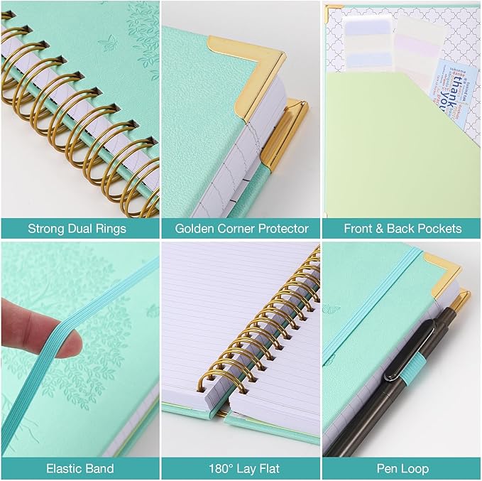 Spiral Notebook, College Ruled Notebook, A5, 300 Pages Leather Journals for Writing, 5.7" x 8.5" Hardcover Journaling Notebooks for Work School, 24pcs Tabs, Large Embossed Journal for Women Men, Green