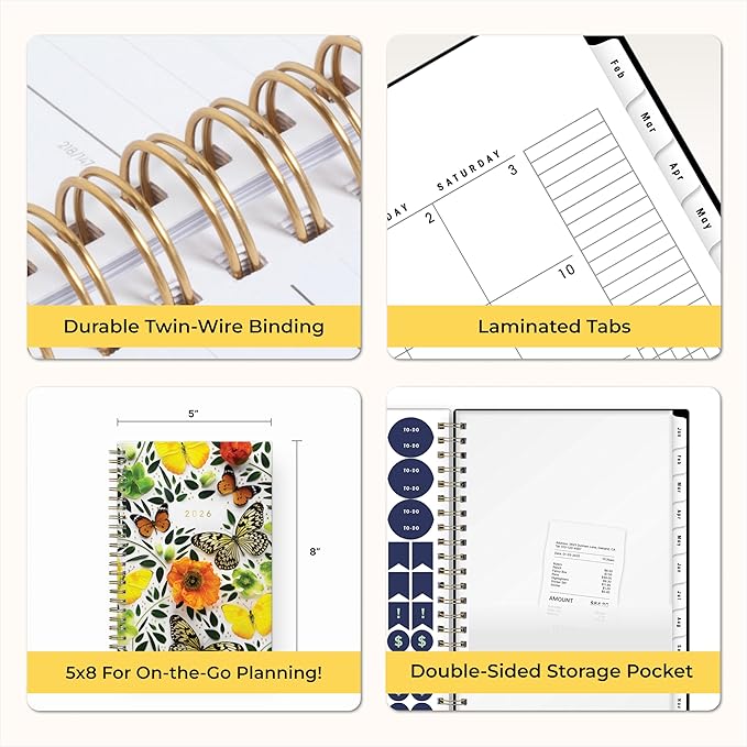 Blue Sky Artisans & Makers Sara Harding 2026 Weekly and Monthly Planner, January 2026 - December 2026, 5" x 8", Flexible Cover, Durable Wire Binding, Laminated Tabs, Pocket, Stickers, Butterflies