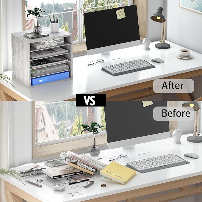 Mail Sorter Organizer, Letter Size Wood Desktop File Organizer, Sturdy Paper Storage Office Supplies with Adjustable Shevles for Office，5 Compartments Whitewashed