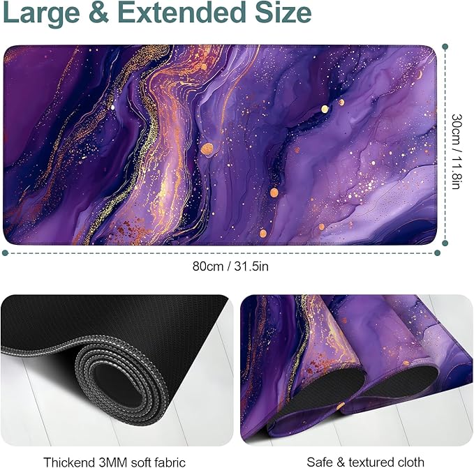 Purple Extended Gaming Mouse Pad 31.5x11.8inches Large Desk Mat Anti-Slip Rubber Base & Durable Stitched Edges for Gamers Smooth Mouse Writing Surface for Desk Office/Home