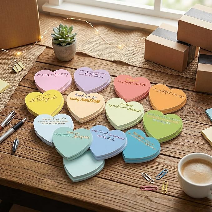 Teling 24 Pack Valentine's Day Sticky Notes Heart Shape Sticky Notes 3 x 3 Inch Thank You Notepads Bulk Cute Memo Pads for Galentines Party Gifts School Office Supplies (Pastel)