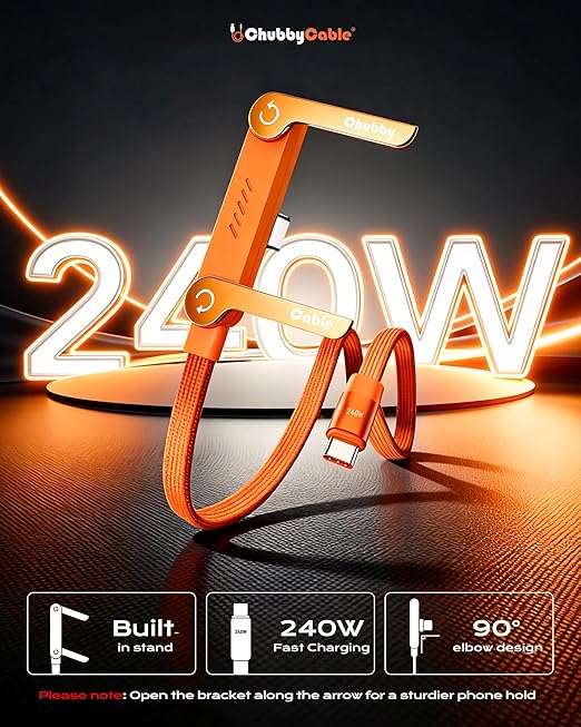 chubbycable StandLite 240W Braided Fast Charge Cable with Built-in Phone Stand T-Shaped Foldable Durable USB-C Cord 90 Degree USB C Cable Right Angle Multi-Functional Charger Cord, Orange, 4.9FT