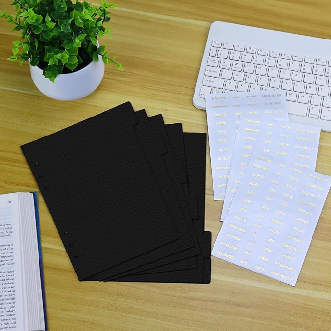 Koqye Leather Textured A5 6-Ring Binder Dividers with 6 Tabs, Black Paper Index Page Separators with Gold Stickers for Planner/Organizer (1 Set - 6 Tab with 1 Stickers)