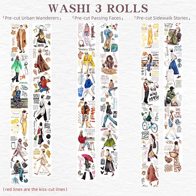WT Urban Wanderers Pre-Cut Wide Washi Tape Set – 3 Rolls, Original Paper Tape Illustrations, Soft & Easy-to-Tear Decorative Adhesive for Journals, Scrapbooking, Planners & DIY Crafts, 60mm×5m