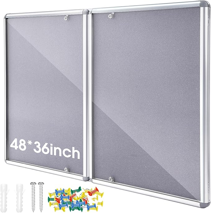 48"x36" Enclosed Bulletin Board Weather Resistant Lockable Outdoor Cork Fabric Display Board Aluminum Frame Wall Mounted 2 Locking Door for Office School Commercial 12xA4(Gray, Silver Frame)
