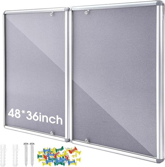48"x36" Enclosed Bulletin Board Weather Resistant Lockable Outdoor Cork Fabric Display Board Aluminum Frame Wall Mounted 2 Locking Door for Office School Commercial 12xA4(Gray, Silver Frame)