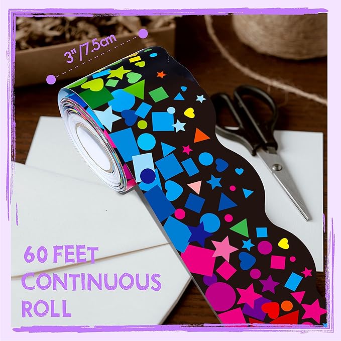 60 Feet Bulletin Board Borders, Self Adhesive Scalloped Confetti Rolled Border Trim Decoration with Strong & Permanent Adhesive for School, Classroom Offices Wall, Desks, Windows, Doors