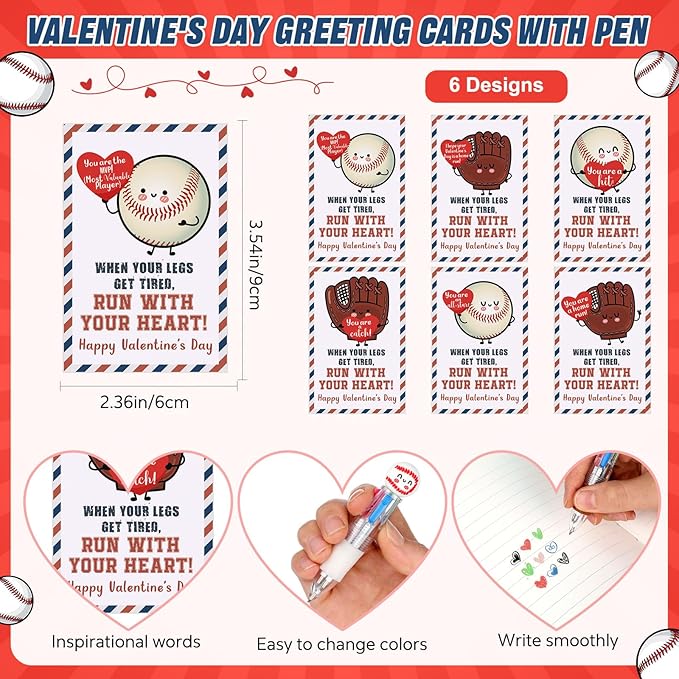 Colarr 24 Set Baseball Valentines Gifts Multicolor Pens with Positive Cards for Valentines Day Party Favors Classroom Prizes Students Baseball Team Goodie Bags Stuffers 4 in 1 Ballpoint Pens