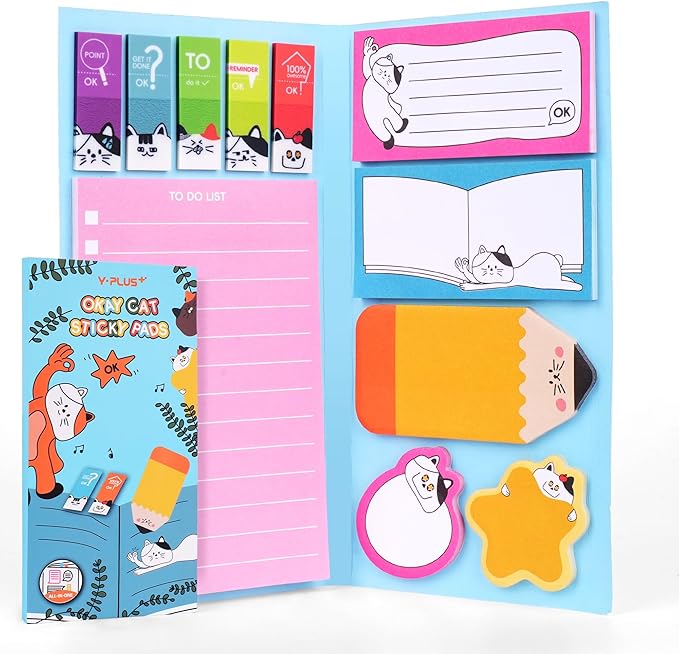 YPLUS Cat Sticky Notes Set, 440pcs Cute Planner Self-Stick Note Pads with Lined to Do List, Divider Tabs and Shaped Memos, Funny Office School Supplies, Teacher Gifts for Men Women & Cat Lovers