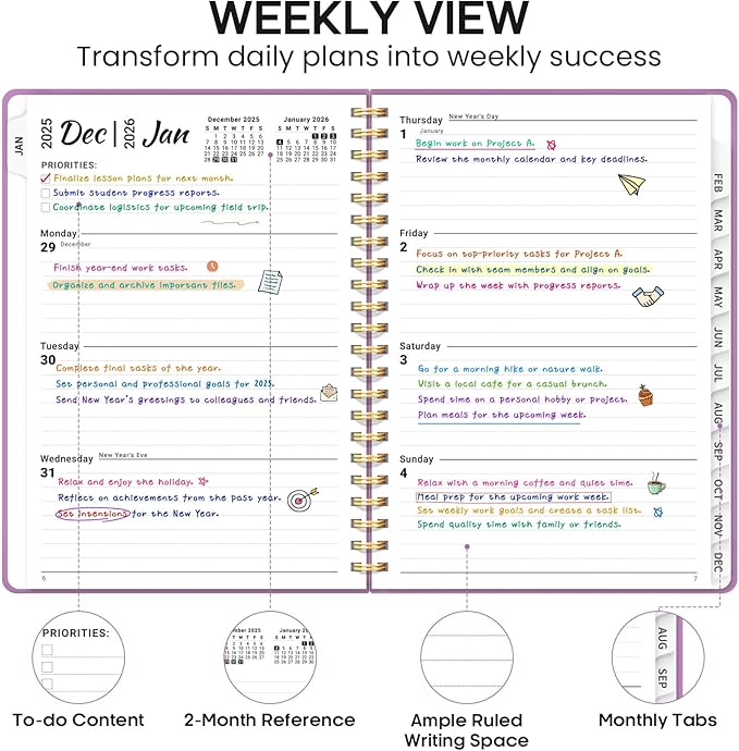 2026 Planner, Weekly and Monthly Calendar Planner Book, January 2026 - December 2026, Hardcover Spiral Planner with Monthly Tabs, Notes Pages, Perfect for Women & Men, A5 (6.4" x 8.5") - Purple