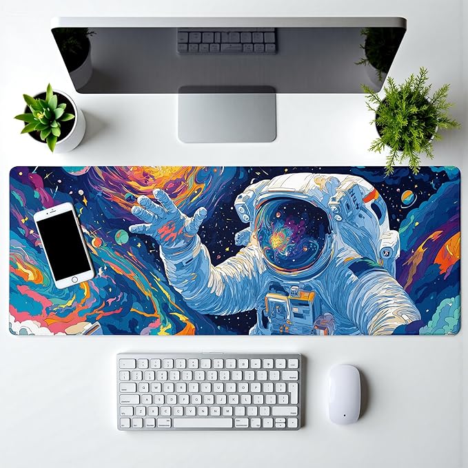 Astronaut Gaming Mouse Pad Abstract Sky Mouse Pad 31.5x11.8 Inch Texture Non-Slip Rubber Base Large Mousepad Stitched Edges Keyboard Mouse Mat Desk Pad for Office and Home