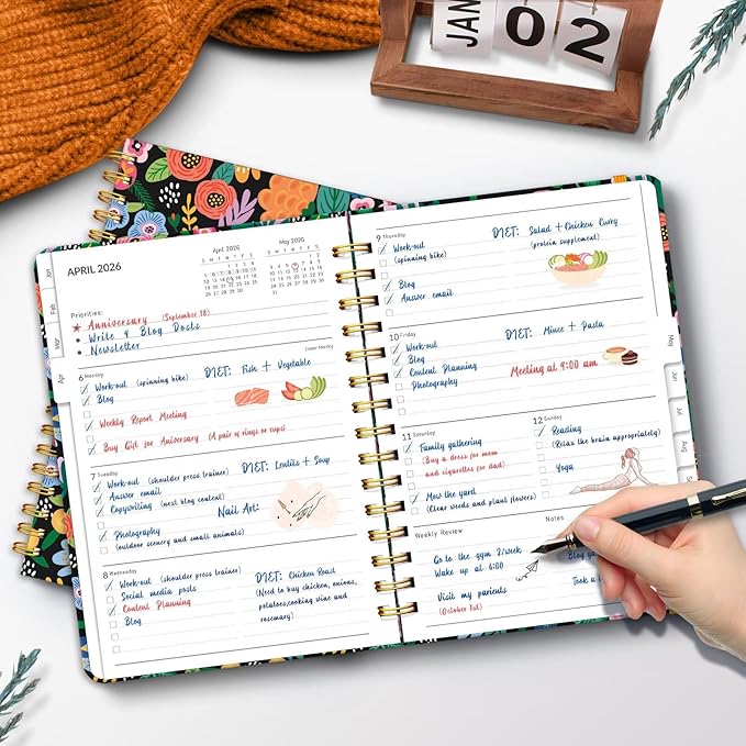 2026 Planner, A5 Weekly and Monthly Planners with Tabs, Spiral Bound Daily Calendar 2026 Planner, Agenda Organizers from Jan. to Dec., Hardcover Habit Tracker Journal 6.18" x 8.5"(Pink Bloss)