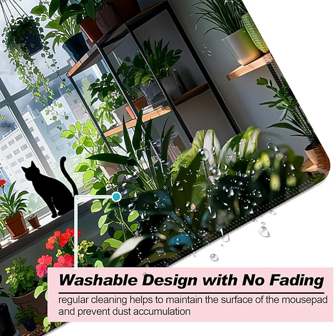 Japanese Anime Cute Cat XL Large Desk Mat, Extended Long Green Plant Desk Pad for Gaming and Office, Non-Slip Rubber Base, Comfortable Surface Kawaii Mouse Pad, 31.5x11.8 in (H13)