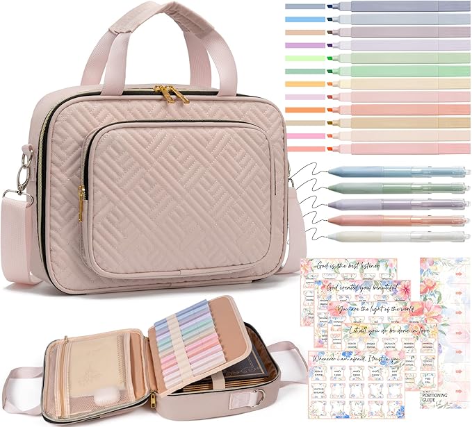 Bible Cover Case for Women, Large Bible Bag w/Shoulder Strap, Bible Study Supplies Journaling Kit Pink Book Carrying Case with Pastel Highlighter Tabs, Valentines Day Christian Gifts for Women Her Mom