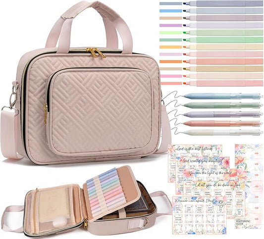 Bible Cover Case for Women, Large Bible Bag w/Shoulder Strap, Bible Study Supplies Journaling Kit Pink Book Carrying Case with Pastel Highlighter Tabs, Valentines Day Christian Gifts for Women Her Mom