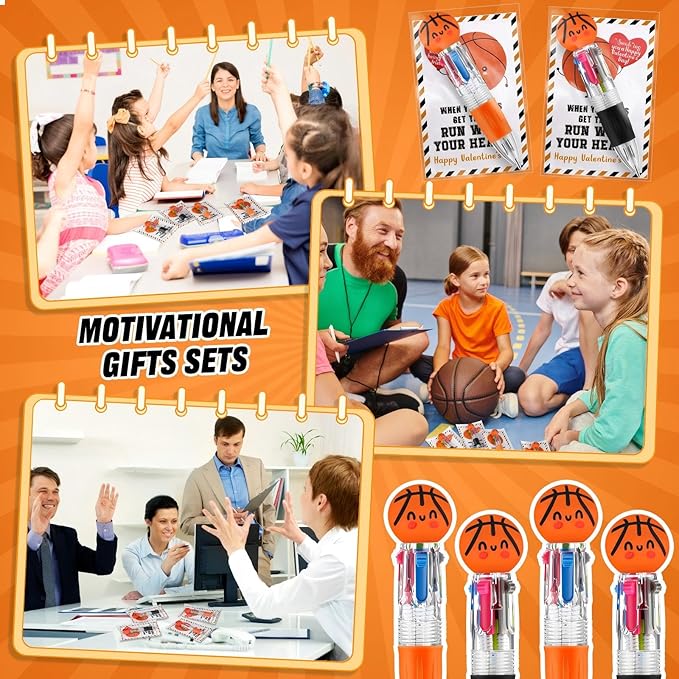 Colarr 24 Set Basketball Valentines Gifts Multicolor Pens with Positive Cards for Valentines Day Party Favors Classroom Prizes Students Basketball Team Goodie Bags Stuffers 4 in 1 Ballpoint Pens