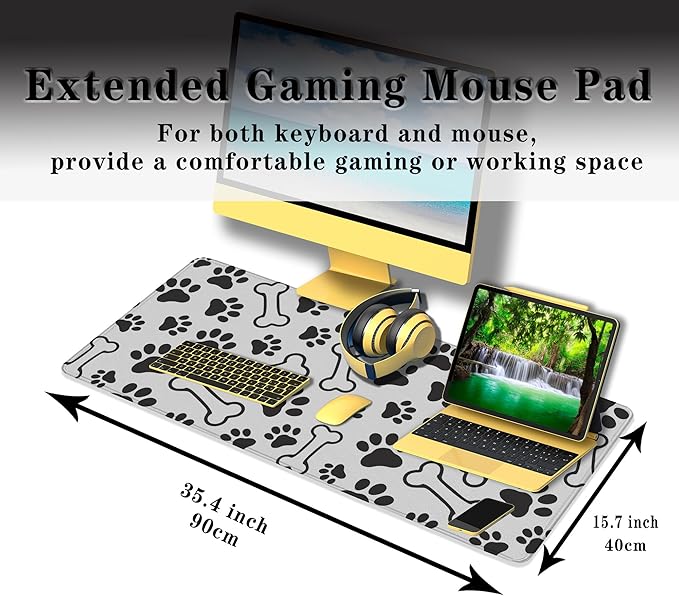 Desktop Mats Laptop Desk Mat Gaming Mouse Pad Extra Large Mouse Pads Computer Mats Office Pad Waterproof Non-Slip Rubber Base 35.4 X 15.7 for Game Office, Dogs Paws and Bones