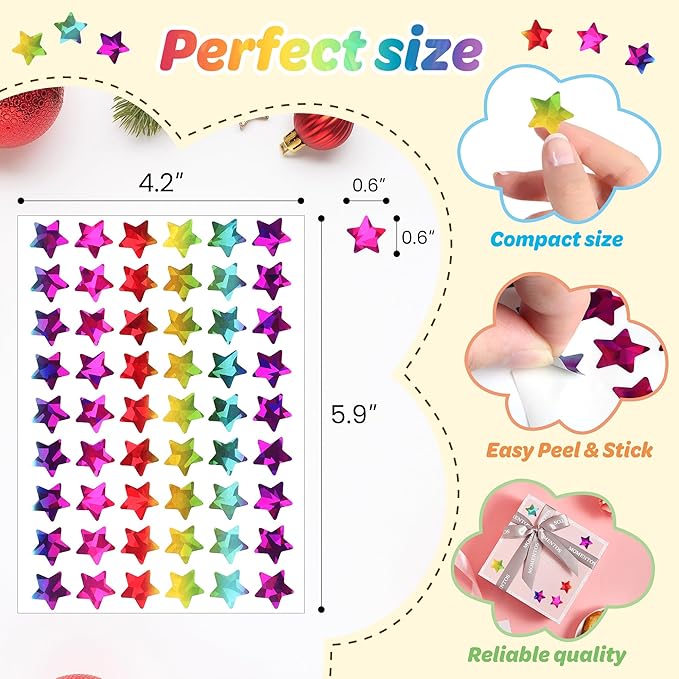1,728 Holographic Star Stickers - Mini Stickers for Kids Classroom, Shiny Small Stars (0.6") for School Teacher Supplies & Behavior Reward Charts ST-32-S
