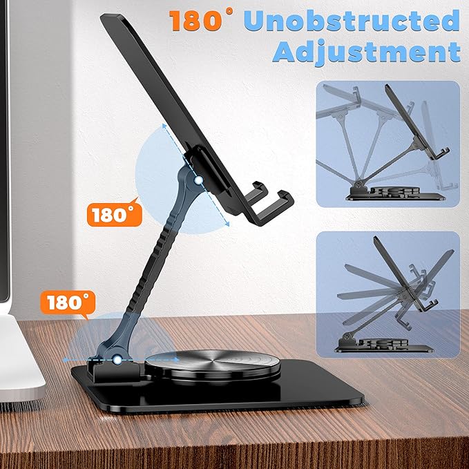 360 Rotatable Foldable Phone Stand for Desk,Fully Adjustable Desktop Phone Holder Cradle Dock Compatible with iPhone 17 16 15 14 13 12 11 Pro Max,Tablets,All Phones(Black)