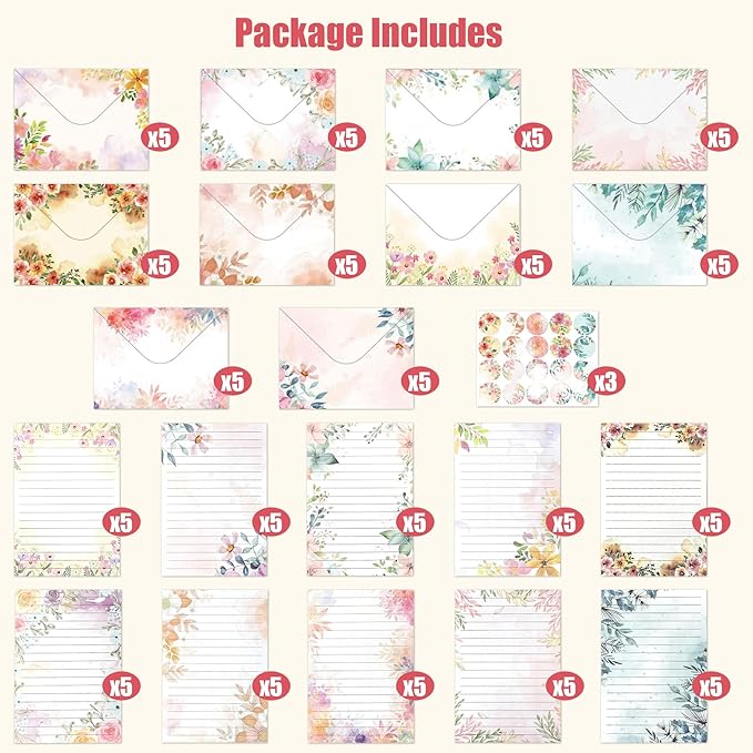 160PCS Stationary Paper and Envelopes Set, 10 Different Style Floral Themed Writing Paper Stationery Set (50 stationery paper + 50 envelopes+60 Sticker)