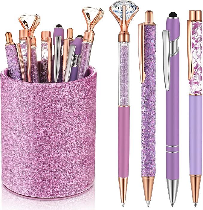 Sabary 8 Pcs Ballpoint Pens with Pen Holder for Desk Glitter Crystal Diamond Fancy Pencil Holder Bling Desk Organizer Cute Stationery Supplies for Women Girls Wedding Office School Gifts(Violet)