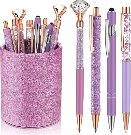 Sabary 8 Pcs Ballpoint Pens with Pen Holder for Desk Glitter Crystal Diamond Fancy Pencil Holder Bling Desk Organizer Cute Stationery Supplies for Women Girls Wedding Office School Gifts(Violet)