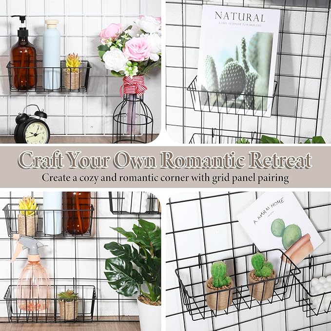 SHENLIU 10 Pcs Wire Baskets, Hanging Basket Grid Wall Baskets No Drilling Walls Storage And Display Basket, Black Grid Walls Accessory for Wall, Kitchen, Home Decor Supplies