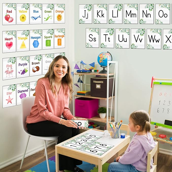 56 Pieces Alphabet and Number Bulletin Board Set Manuscript Bulletin Board Cards Educational Preschool Cards Eucalyptus Colors Shapes Early Childhood Education Posters for Kids Classroom Decoration