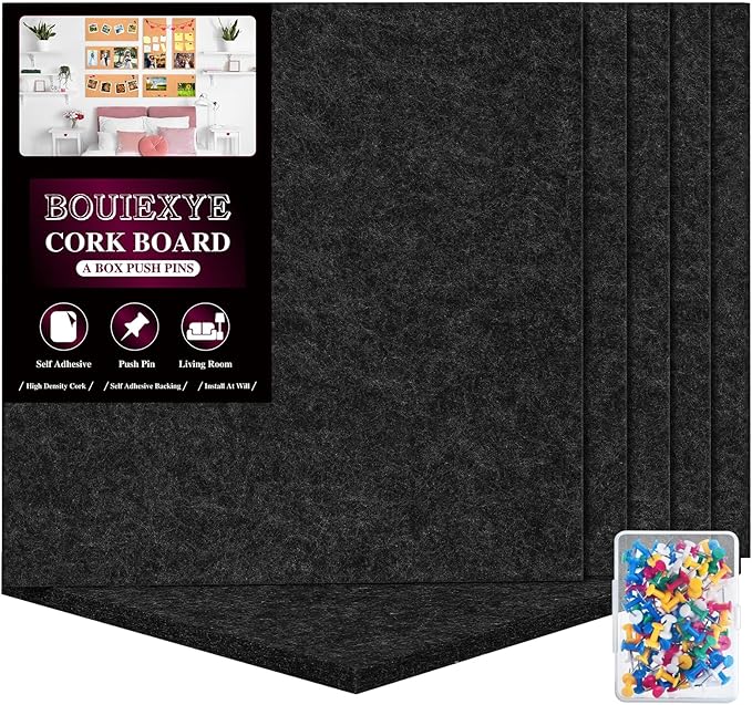 Felt Cork Board Tiles 6 Pack Black Bulletin Boards 12"x12" - 1/2" Thick Corkboards for Wall Bulletin Board Self Adhesive with 100 Push Pins for Wall School Home Office