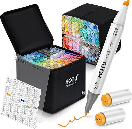 Alcohol Markers, [Beginner Preferred] 100 Vibrant Colors & Dual Tips Art Markers for Adult Coloring, with Pro Ink, Seamless Blend, Non-Bleeding Pad, & Color Card, for Amateurs/Artists