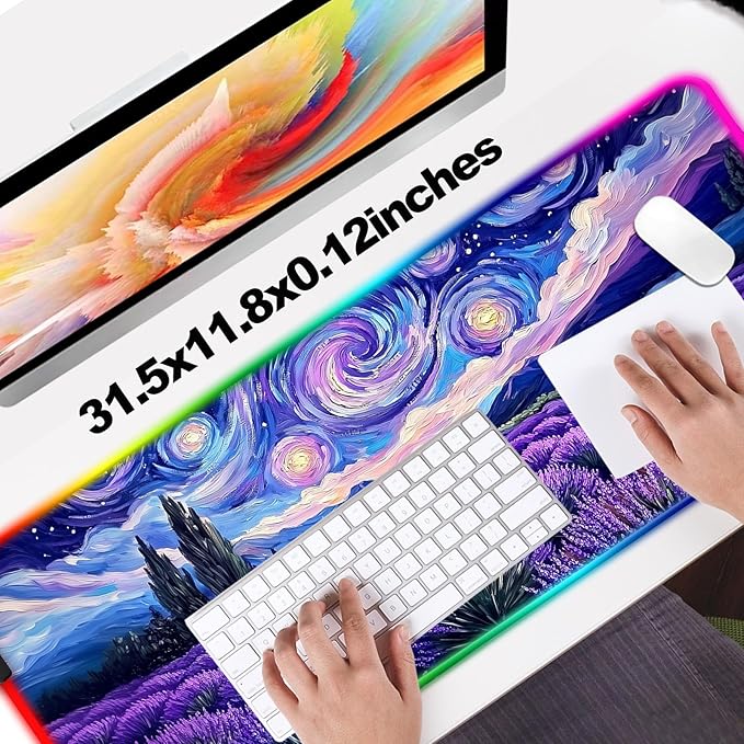 RGB Fantasy Starry Night Lavender Field Gaming Desk Mat, Computer Keyboard Large Extended Long Floral LED Mouse Pad for Office and Home, XL (W27)