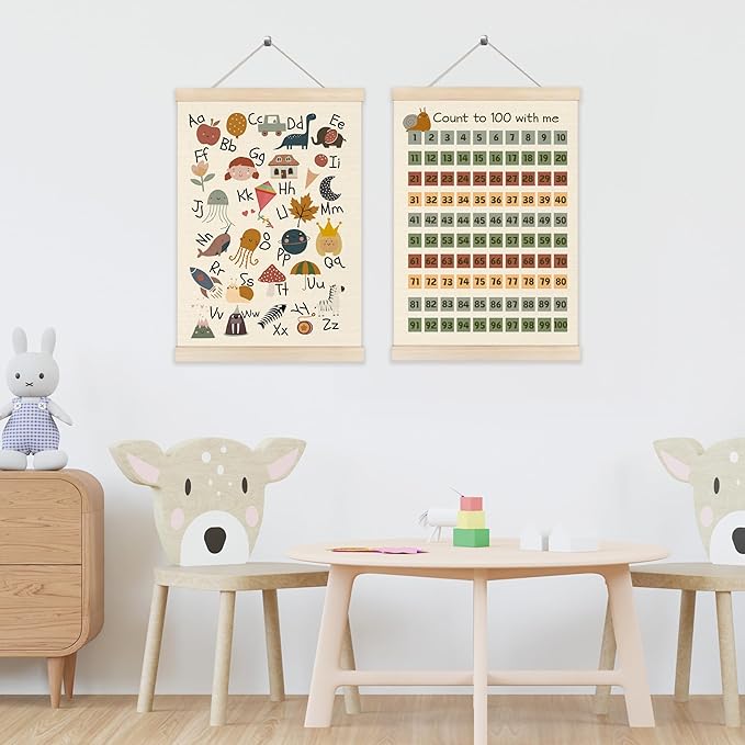 Koesus Number Chart 1-100 Alphabet Wall Art Poster Hanger Frame 12x16 Inch Set of 2, Count to 100 Alphabet Educational Canvas Pictures Prints Framed Wall Decor for Classroom Nursery Playroom Preschool