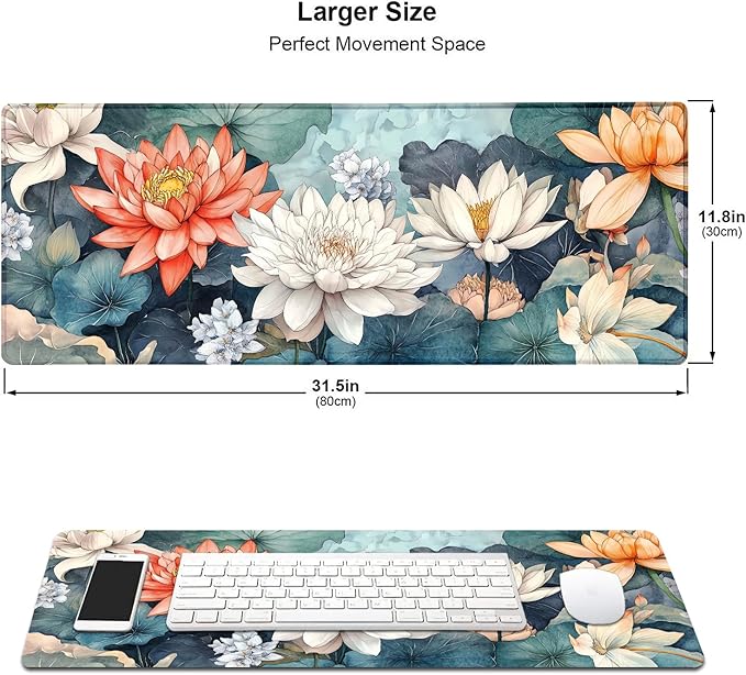 Aesthetic Lotus Flower Large Mouse Pad, Desk Mat Computer Keyboard Pad Non-Slip Rubber Base Waterproof with Stitched Edges for Laptop Gaming, Office & Home 31.5 x 11.8 Inch