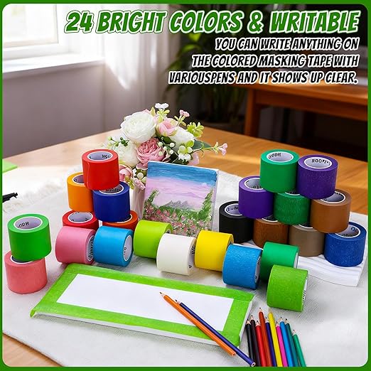 24 Rolls Bulk Colored Masking Tape for Art, 2 inch x 360 Yards for Crafts, Labeling, DIY Decorative, Colored Painters Tape, Rainbow Colors Tape for General Use Projects, Easy Tear No Residue