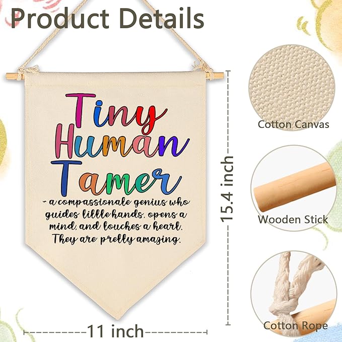 Tiny Human Tamer-Faculty Appreciation-Preschool Teacher-Thank You Gift for Nursery-End of Term Gift for Daycare Teacher,Nursery Worker-Canvas Hanging Pennant Flag Banner Wall Sign Decor