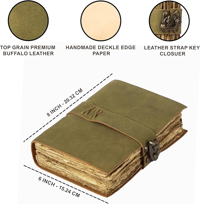 Vintage Leather Journal Handmade Buffalo Deckle Edge Paper – Leather Bound Journal for Women Men Vintage C-Lock Closure Ideal for Writing & Travel for Artists