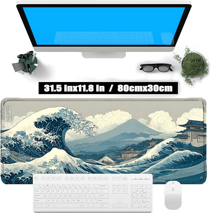 Kanagawa Wave Surfing Mouse pad,Large Japanese Anime Pattern Desk mat with Sewn Edges, microwoven Fabric, Easy to Clean, Suitable for Laptop Gaming Mouse pad (31.5×11.8in)